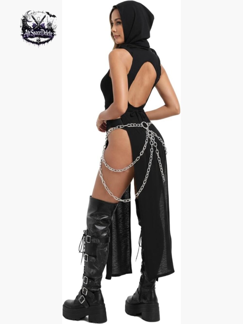 Sheer Sleeveless Maxi Dress with Hood, Hollow Out Split Goth Punk Rave